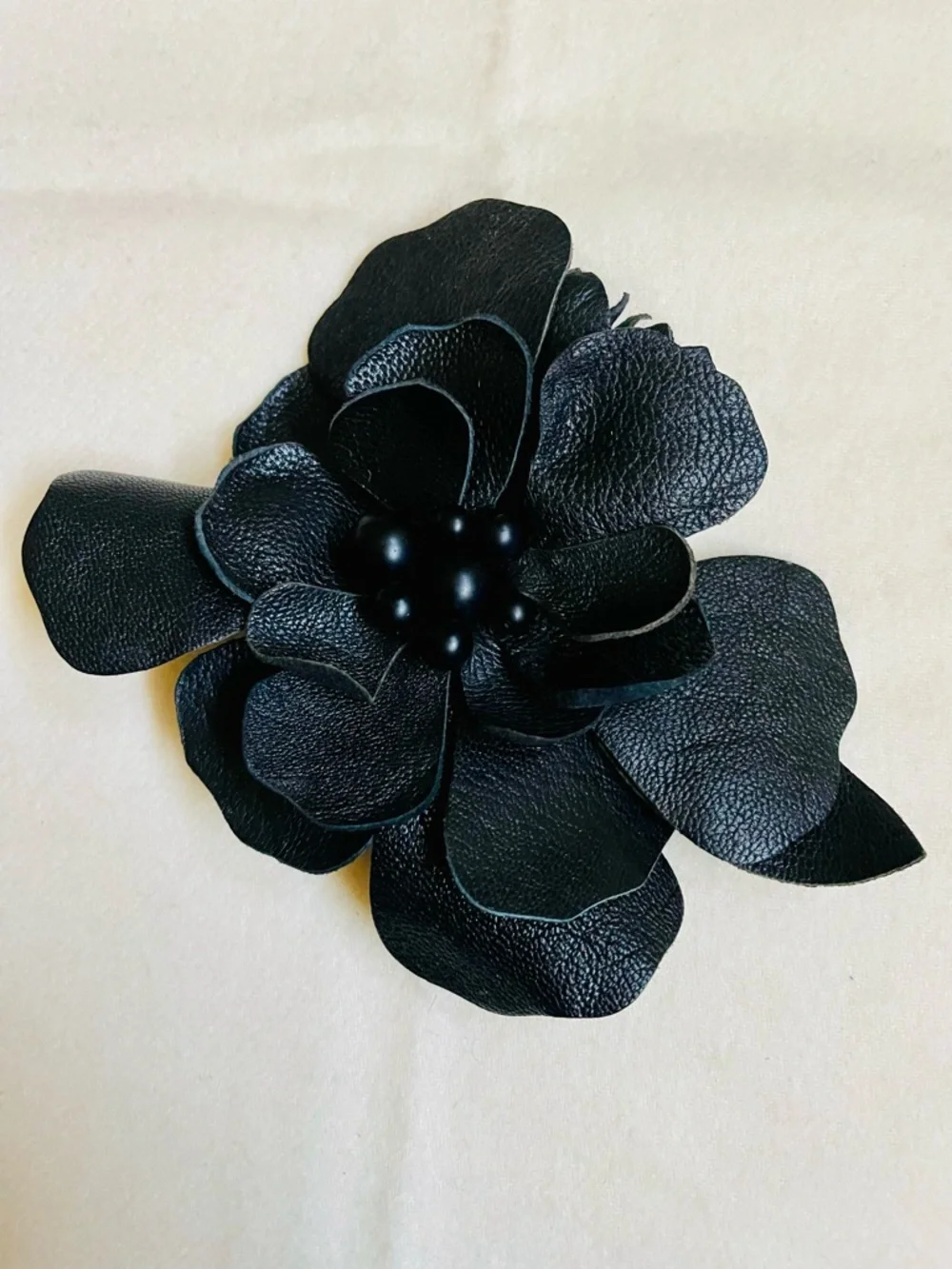 Chico’s Black Leather Floral Brooch | Camellia Statement Magnetic Pin | Y2K